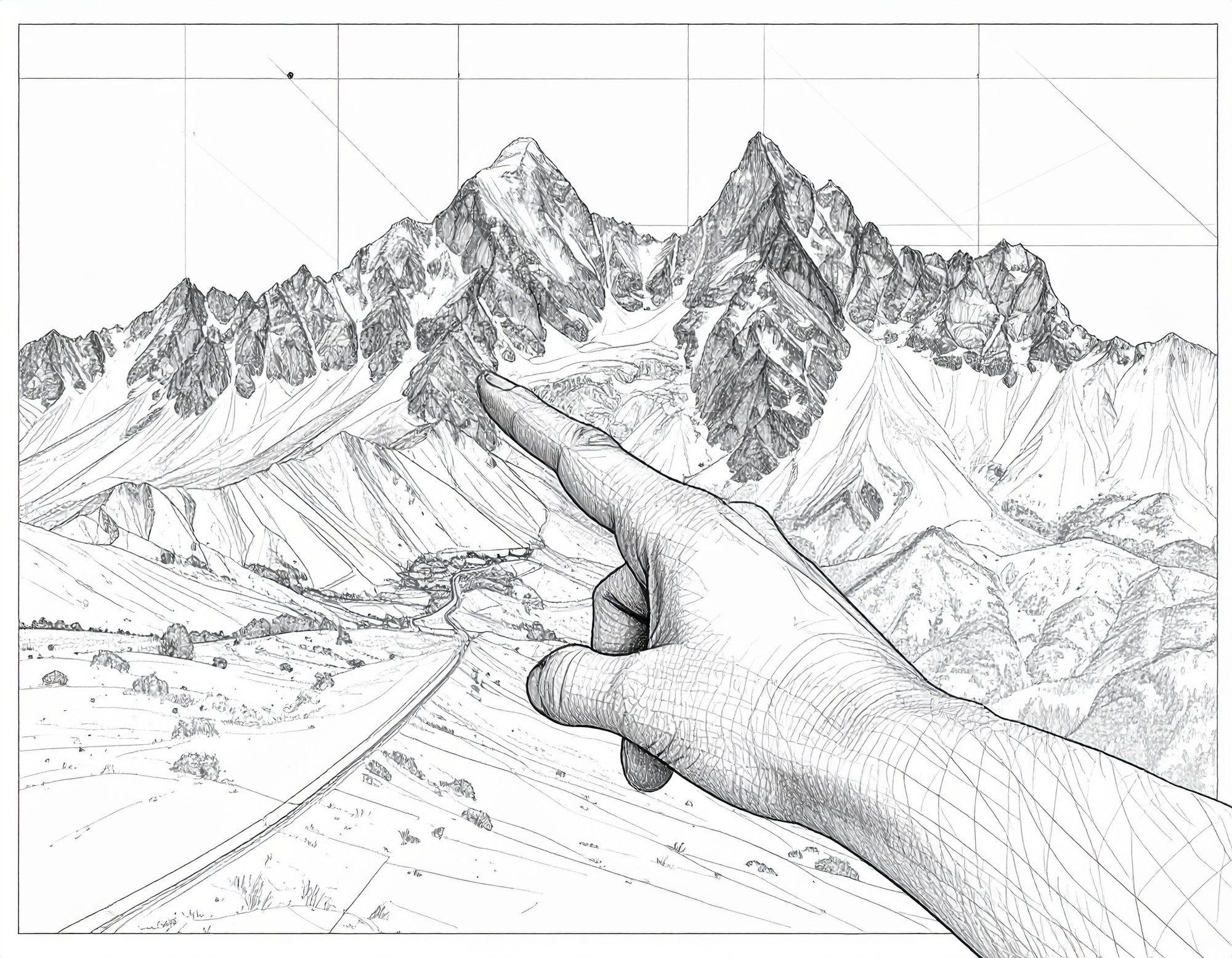Firefly_Hand pointing towards a mountain scene in the style of blueprints in black and white 194505