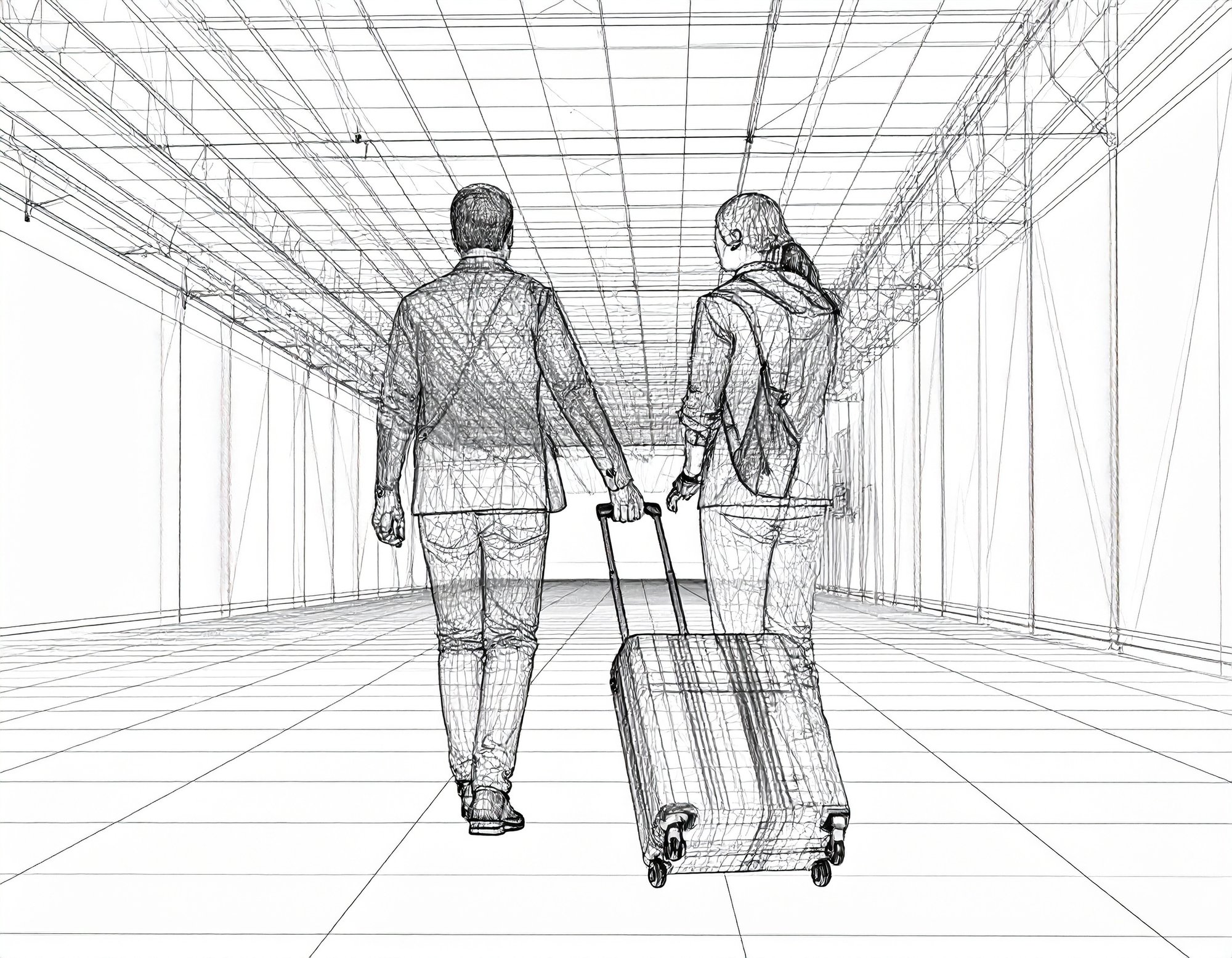 Firefly_Taking a friend to the airport in the style of blueprints in black and white 194505
