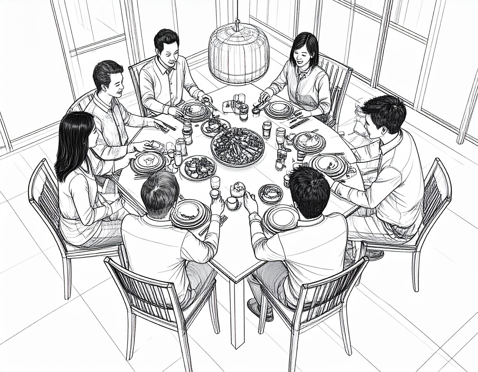 Firefly_people meeting at a Dining room table in the style of blueprints, in black and white 194505